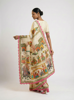 Cotton Off White Saree with Folk Art Figures and Decorative Border