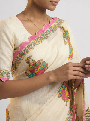 Cotton Off White Saree with Folk Art Figures and Decorative Border