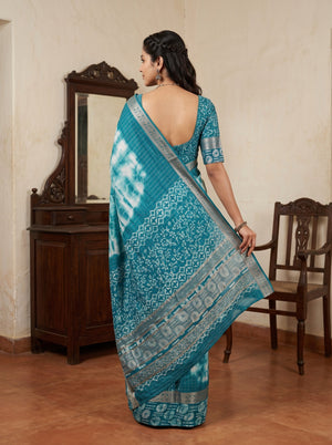Chanderi Cotton Silk Teal White Shibori Batik Border Saree with Zari Trim