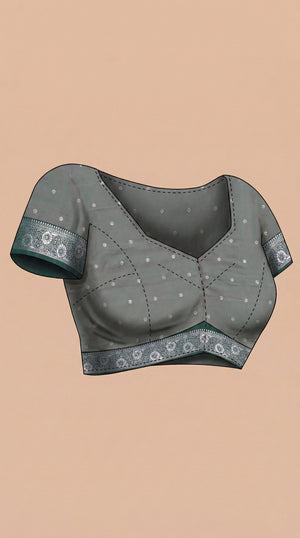 Semi Silk Elegant Crocodile Green Saree with Metallic Floral Butta Work