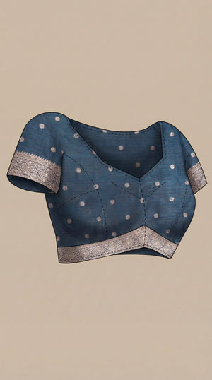 Semi Silk Traditional Peacock Blue Saree with Banarasi Border & Buttas