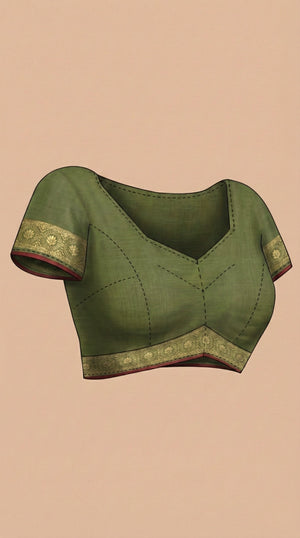 Semi Silk Moss Green  Saree with Gapped Butta Pattern