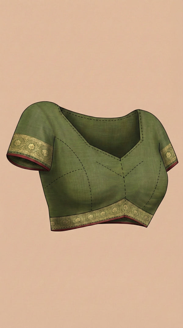 Semi Silk Moss Green  Saree with Gapped Butta Pattern