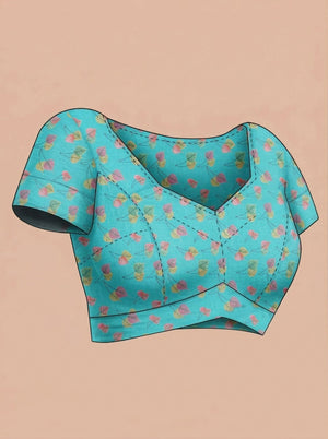 Cotton Sea Blue Leaf Printed Saree with Elegant Border