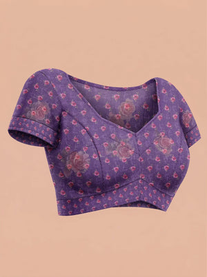Cotton Violet Floral Printed Saree with Artistic Border Design