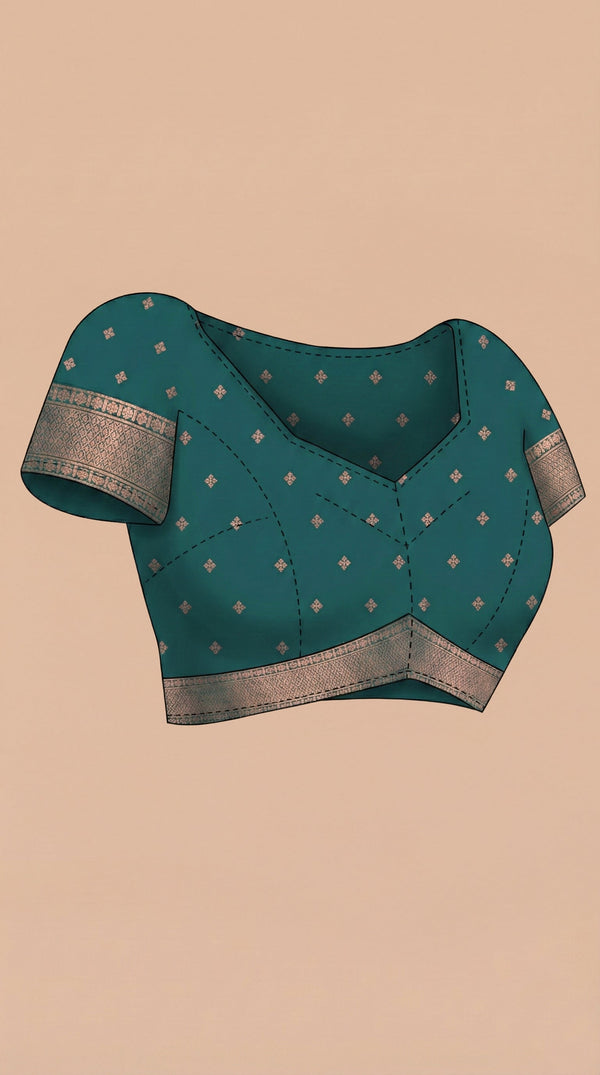 Semi Silk Saree with Floral Border and Bottle Green Golden Butta Blouse Piece