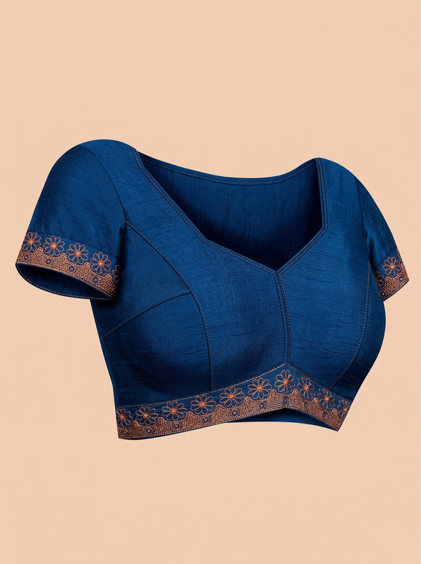 Vijithra Silk Deep Navy Blue Floral Stone Work Designer Saree