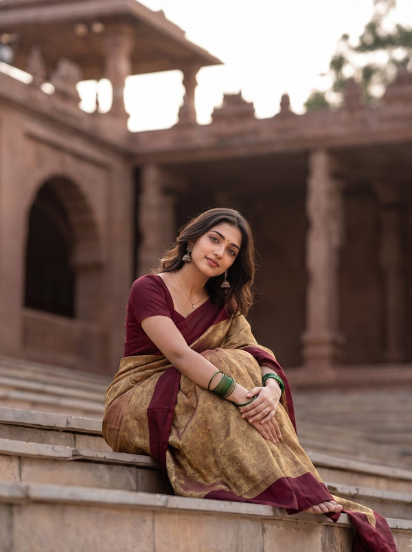 Banarasi Saree in Golden with Maroon Solid Border Design