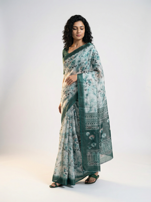 Cotton Pastel Green Saree with All Over Floral Print