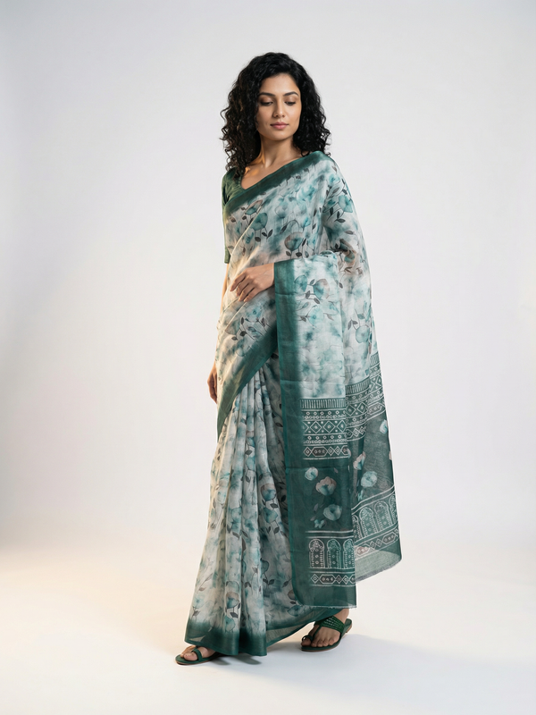 Cotton Pastel Green Saree with All Over Floral Print