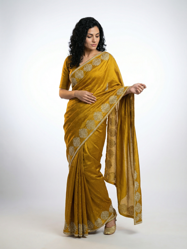 Vijithra Silk Mustard Gold Stone Work Border Designer Saree