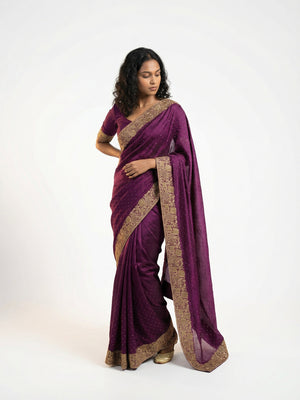 Vijithra Silk Wine Purple Embroidered Saree with Rich Gold Floral Border