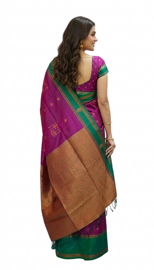 Art Silk Rani Pink Green Elegant Zari Work Saree