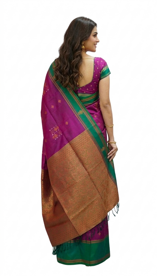 Art Silk Rani Pink Green Elegant Zari Work Saree