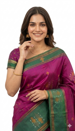 Art Silk Rani Pink Green Elegant Zari Work Saree