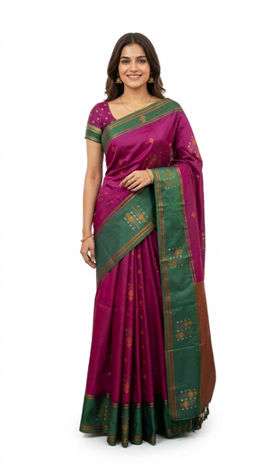 Art Silk Rani Pink Green Elegant Zari Work Saree