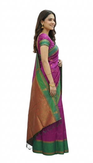Art Silk Rani Pink Green Elegant Zari Work Saree