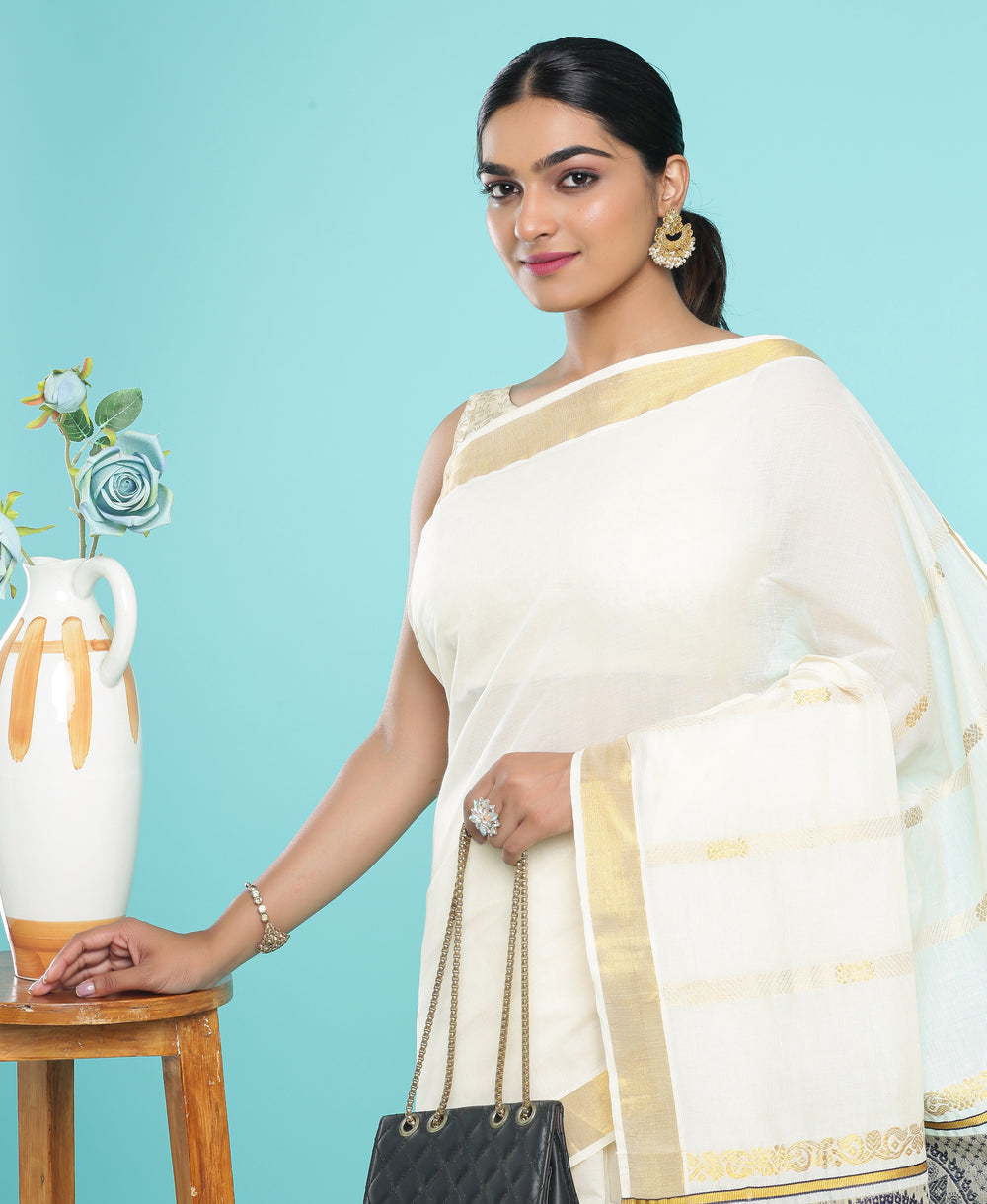 Kerala Cotton Navy Blue & Golden Pallu Set Saree