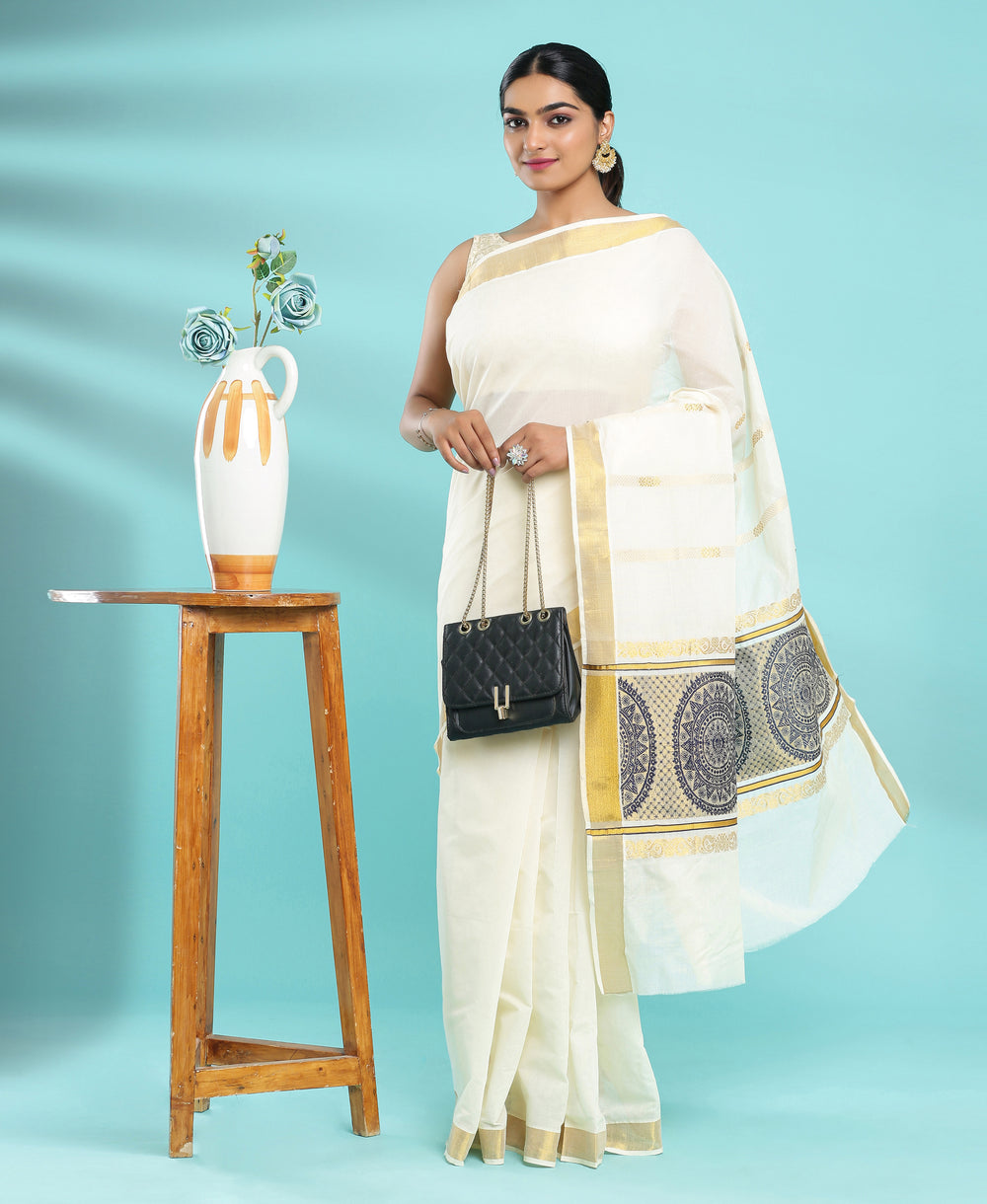 Kerala Cotton Navy Blue & Golden Pallu Set Saree