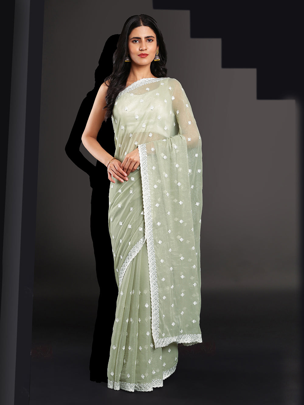 Crushed Organza Sage Green Fancy Saree