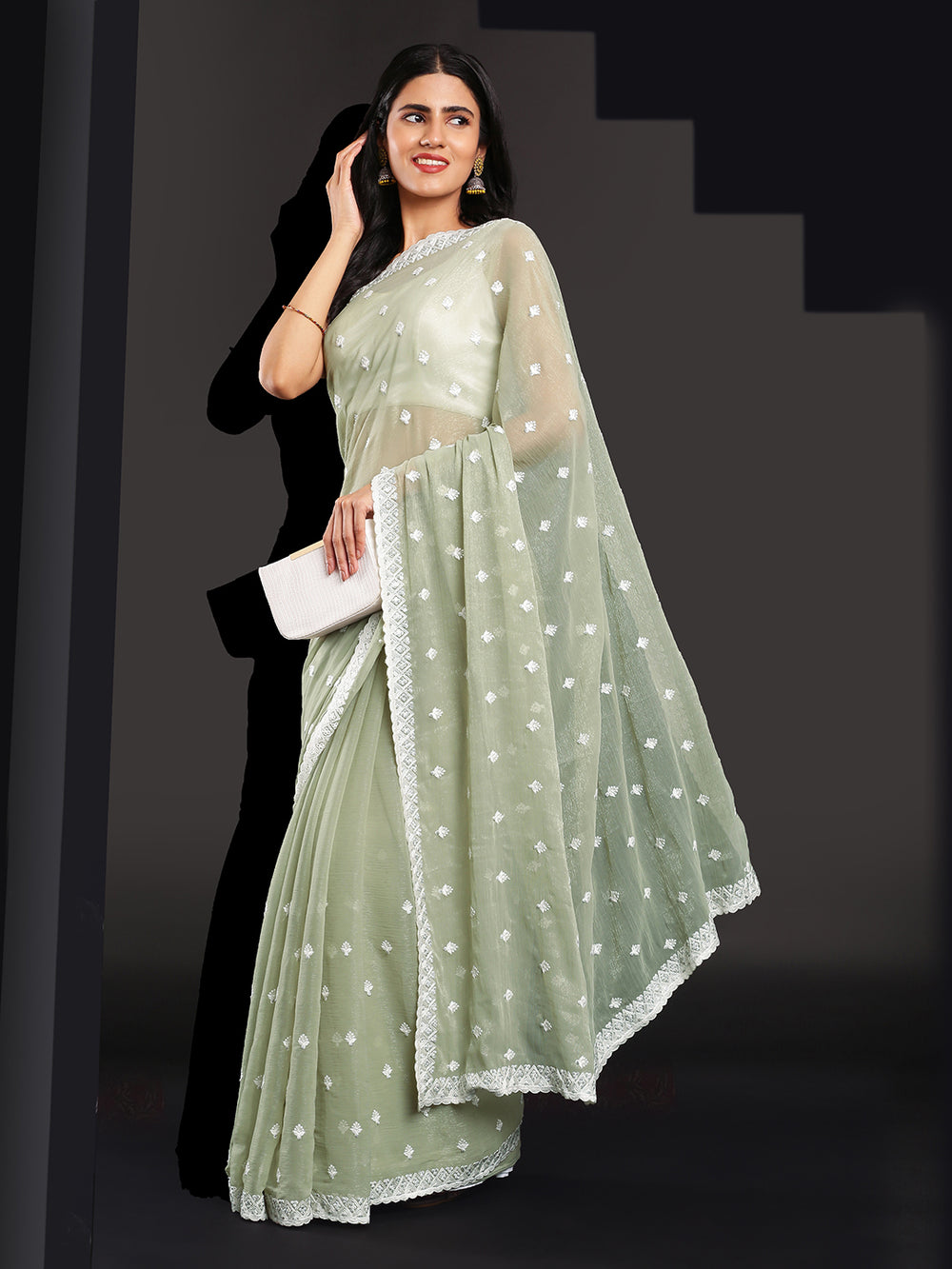 Crushed Organza Sage Green Fancy Saree
