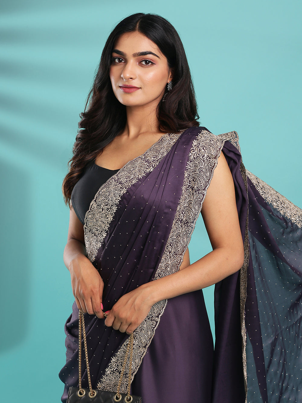 Faded Purple satin Crepe Fancy Saree