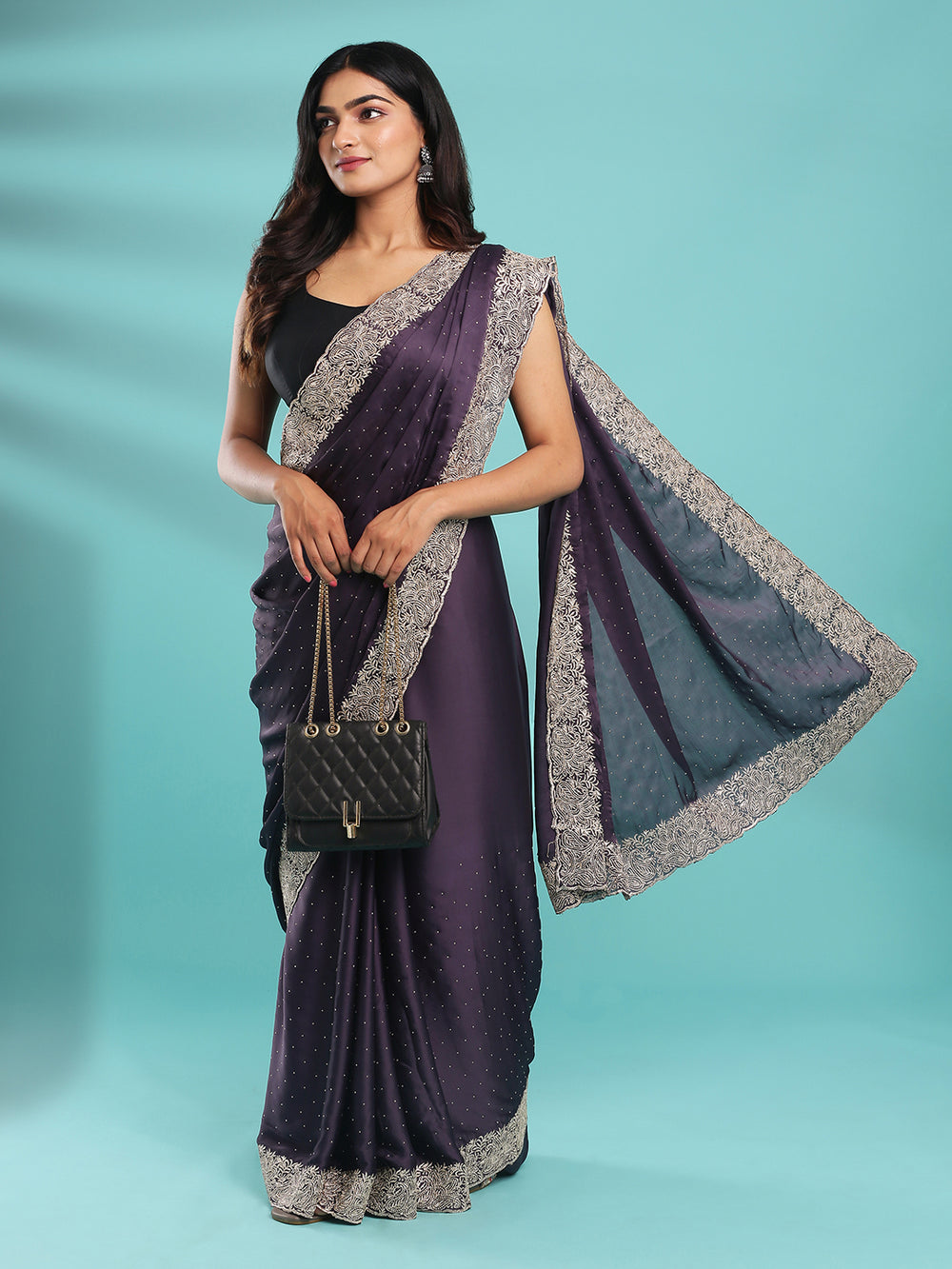 Faded Purple satin Crepe Fancy Saree