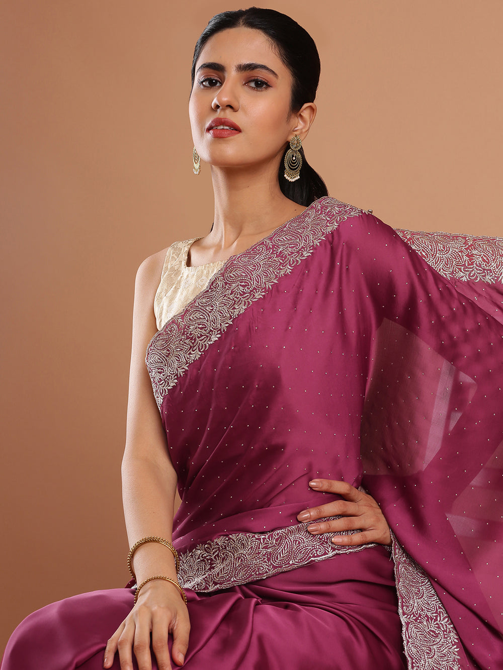 Magenta Pink Satin Crepe Fancy Saree