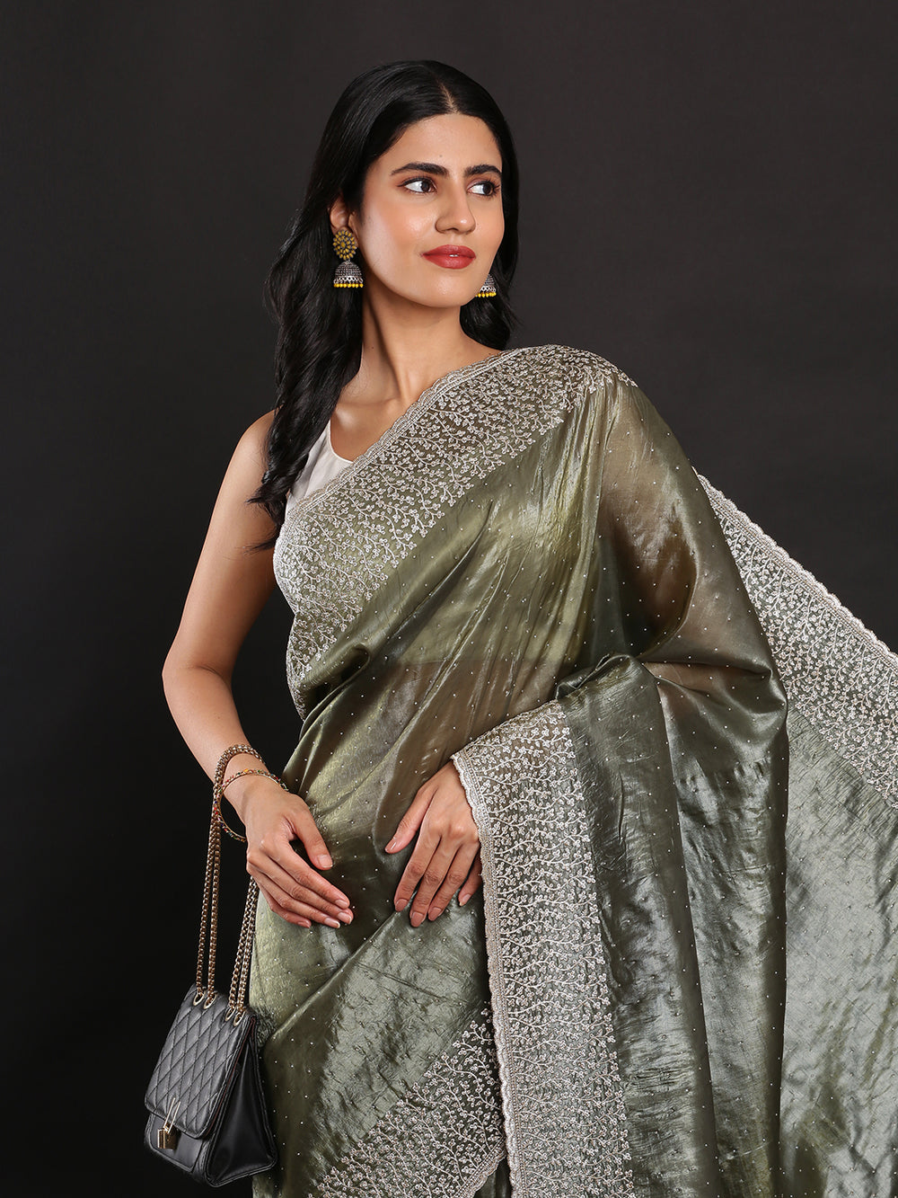 Full of Army Green Organza Stone Work with Thread Embroidery Border with Designer Blouse
