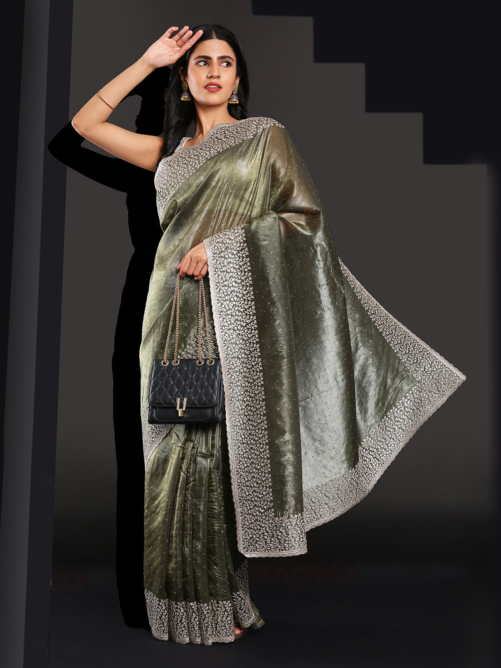 Full of Army Green Organza Stone Work with Thread Embroidery Border with Designer Blouse