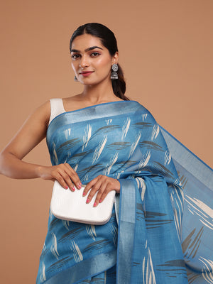 Black & Cream Printed Blue Color Linen Saree