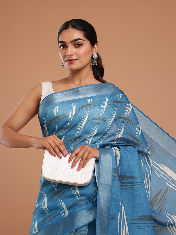 Black & Cream Printed Blue Color Linen Saree