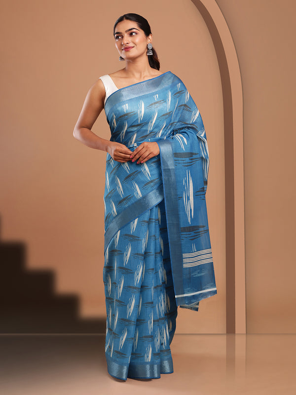 Black & Cream Printed Blue Color Linen Saree