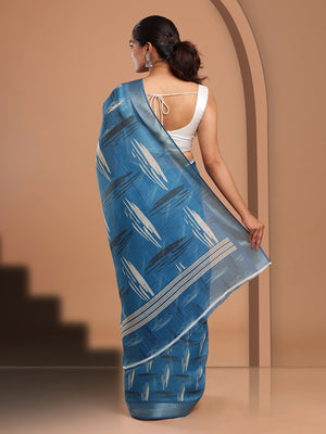 Black & Cream Printed Blue Color Linen Saree