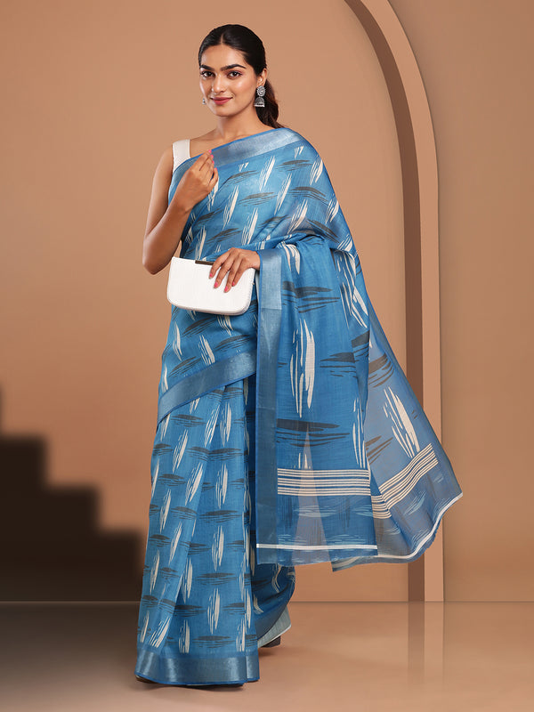 Black & Cream Printed Blue Color Linen Saree