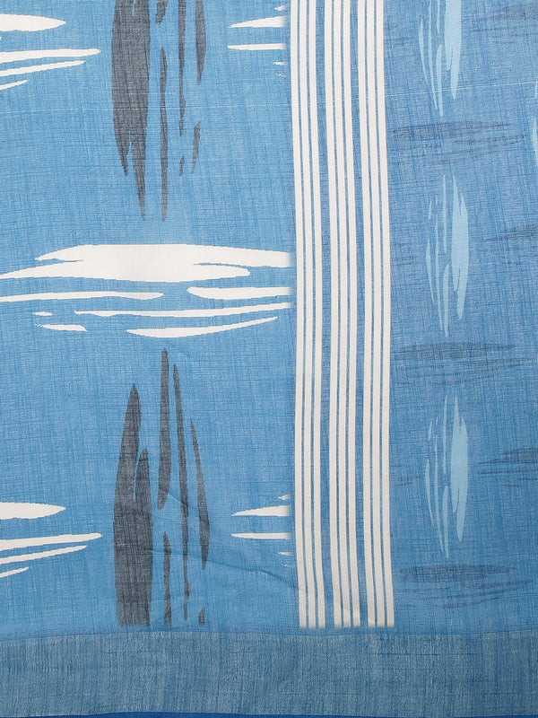 Black & Cream Printed Blue Color Linen Saree