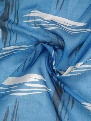 Black & Cream Printed Blue Color Linen Saree