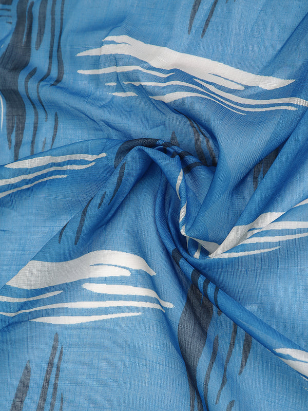 Black & Cream Printed Blue Color Linen Saree