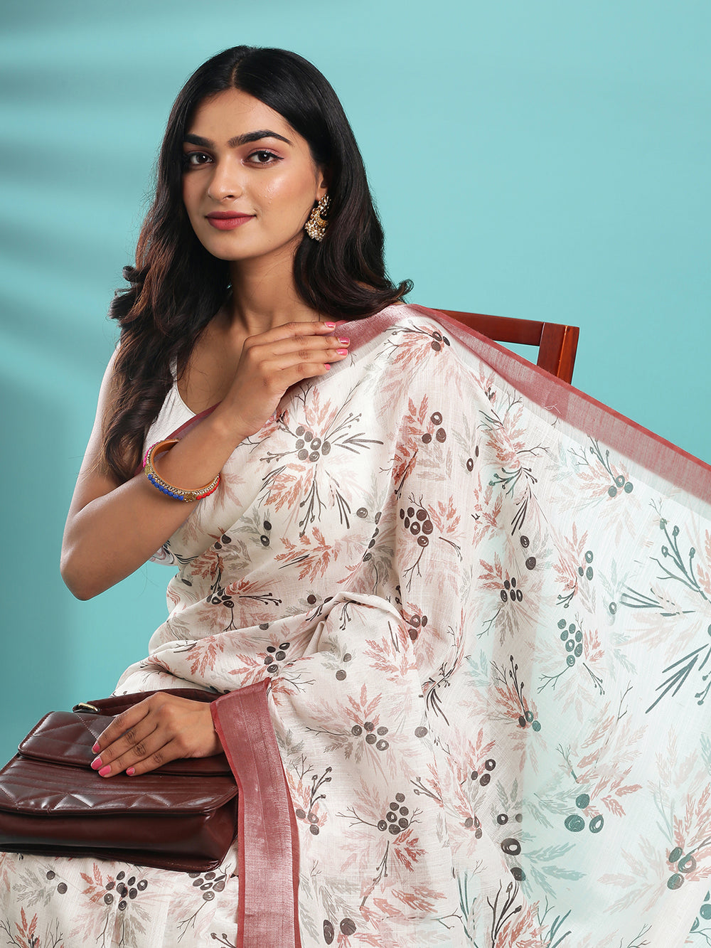 Black, Orange Botanical Printed White Color Linen Saree