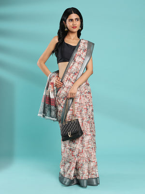 Sandal Multi Color Digital Print Linen Saree