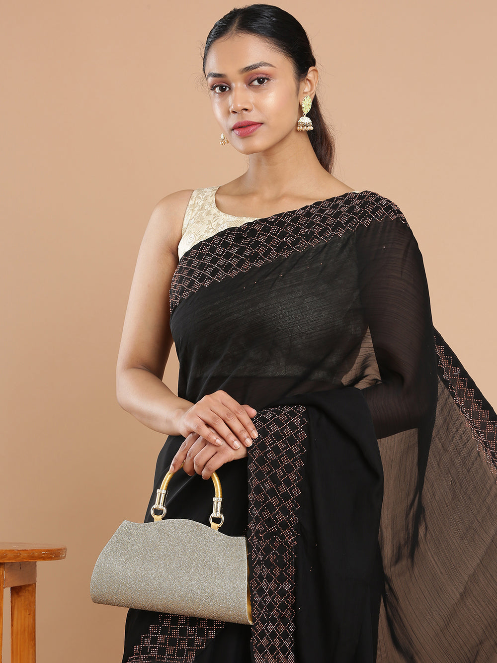 Black Color Chiffon Plain Saree With Heavy Copper Mini Stone Work Border Saree