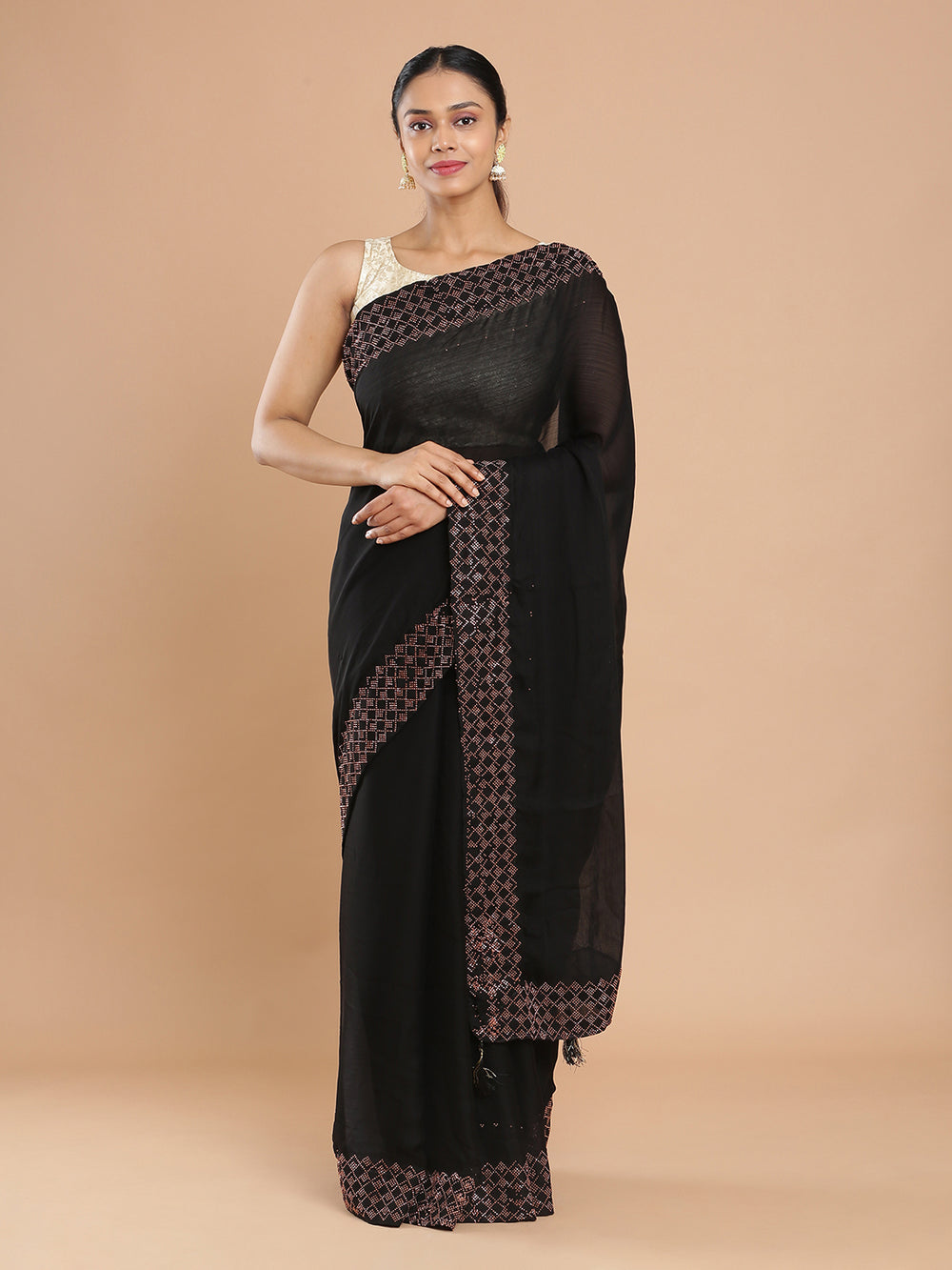 Black Color Chiffon Plain Saree With Heavy Copper Mini Stone Work Border Saree