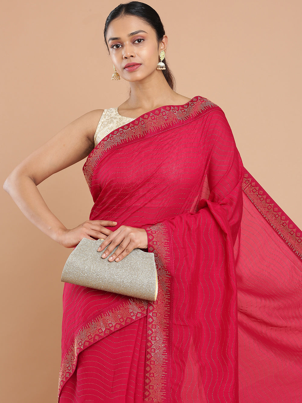Pink Vaibhavi Silk Saree Body Full Copper Mini Stone Worked Design Saree