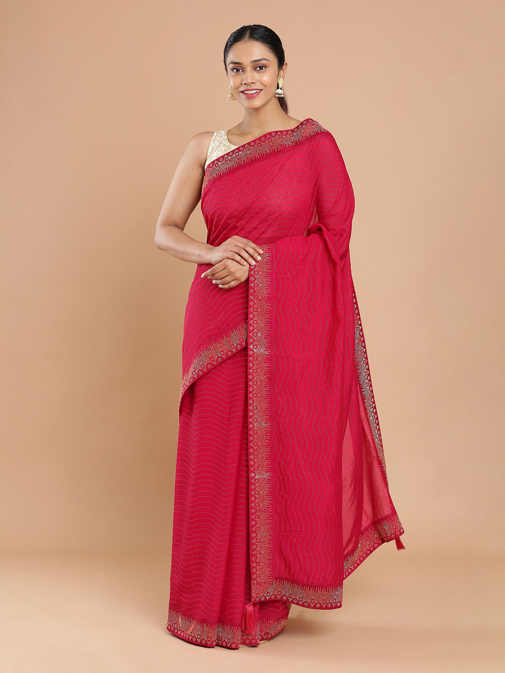 Pink Vaibhavi Silk Saree Body Full Copper Mini Stone Worked Design Saree