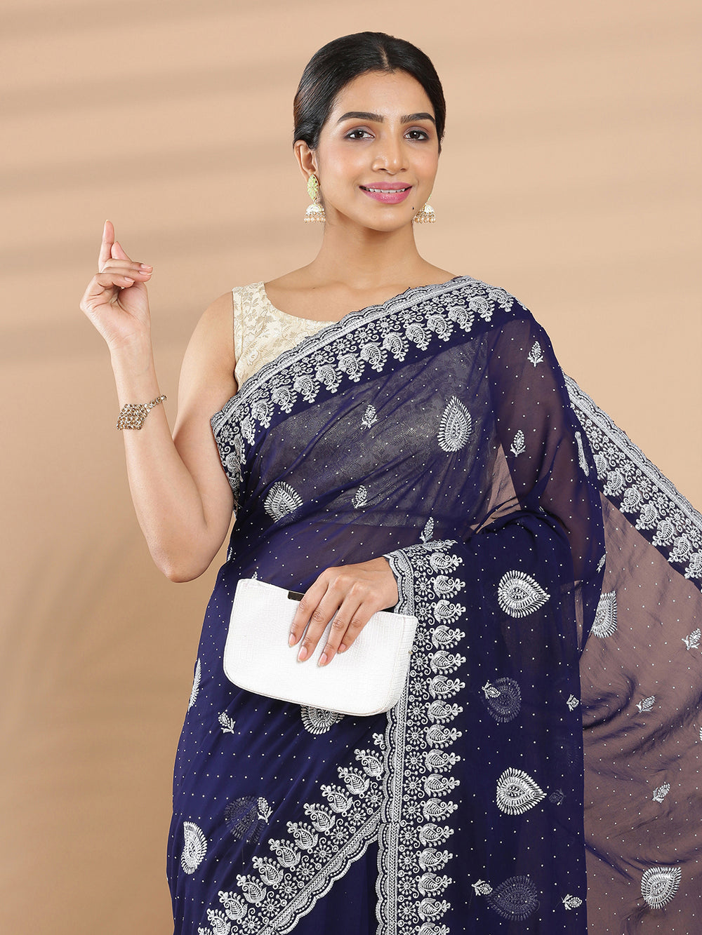 Navy Blue Georgette Saree With Silver Butta Design And White Stone Work On Body
