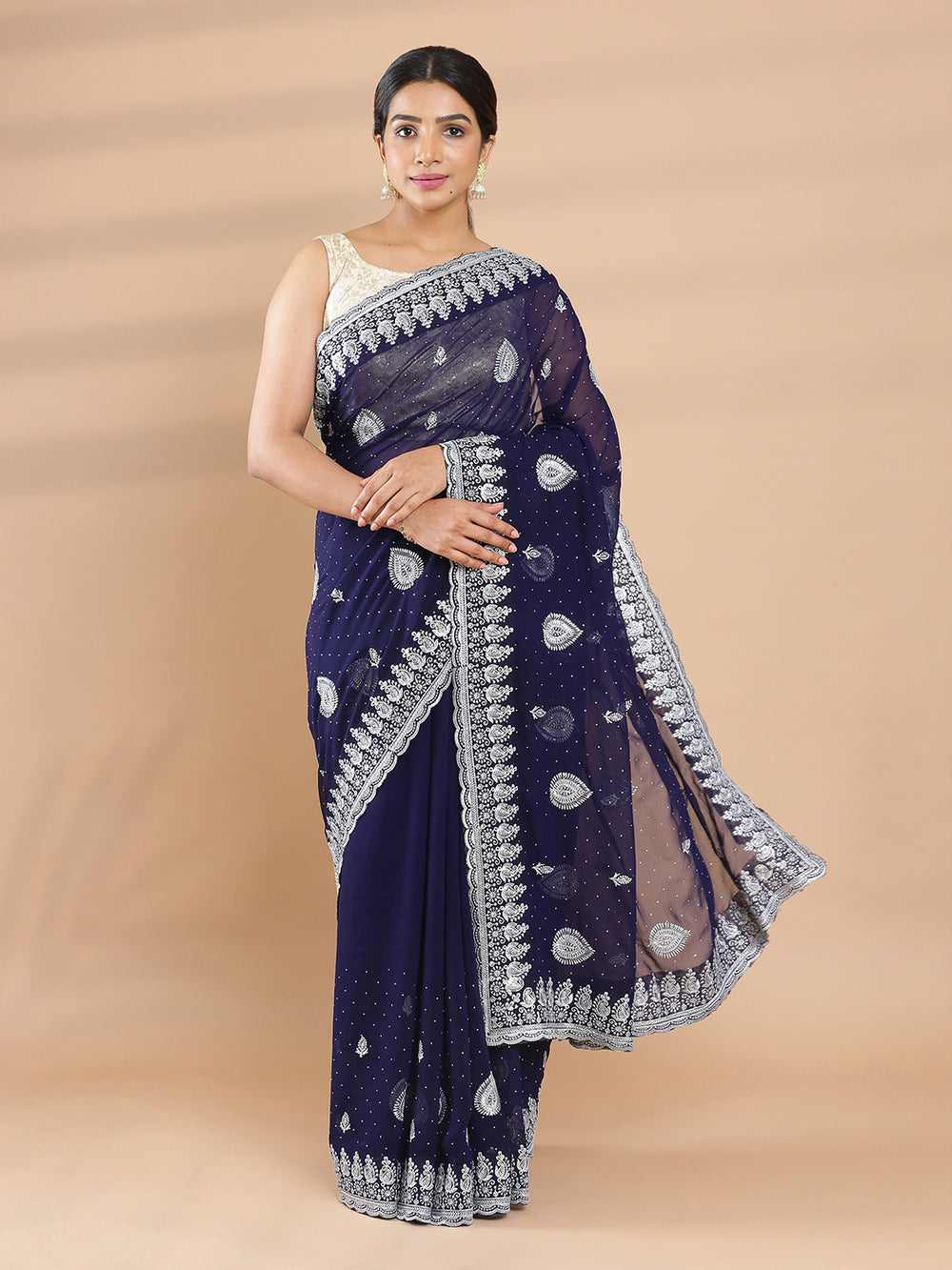 Navy Blue Georgette Saree With Silver Butta Design And White Stone Work On Body