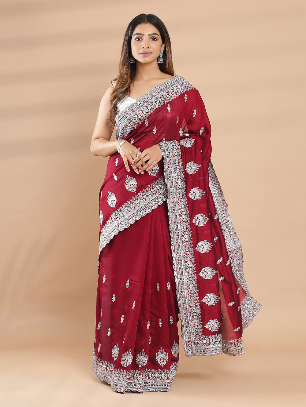 Maroon Color Vijithra Silk Saree With Silver Floral Embroidery On Body