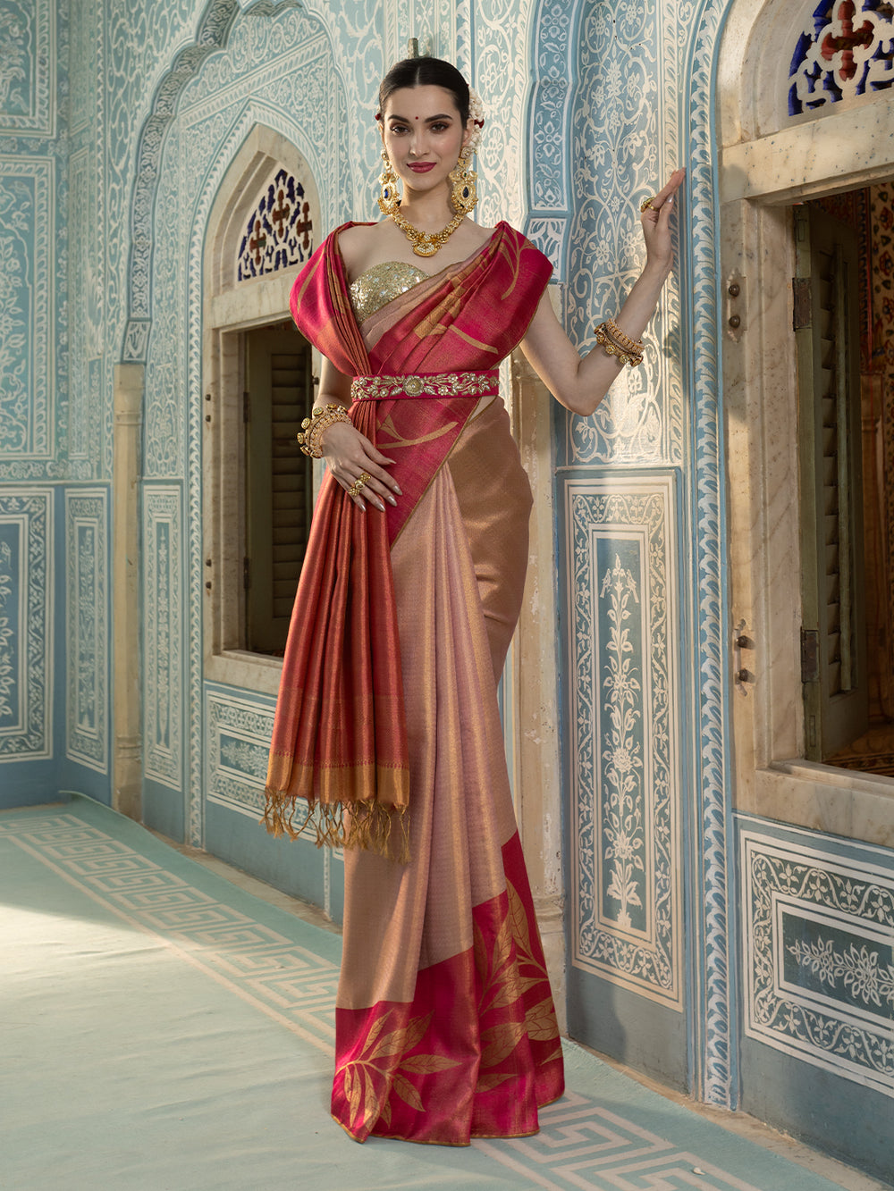 Deep Red And A Lighter Gold -Beige Kanchipuram Silk Saree
