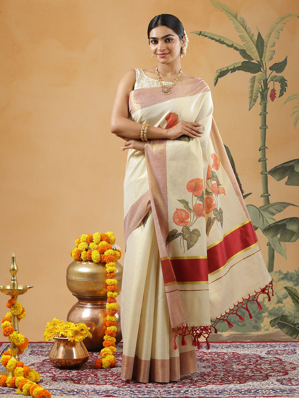 Golden Tissue Maroon Border Set Saree With Anthurium Floral Print All Over Body