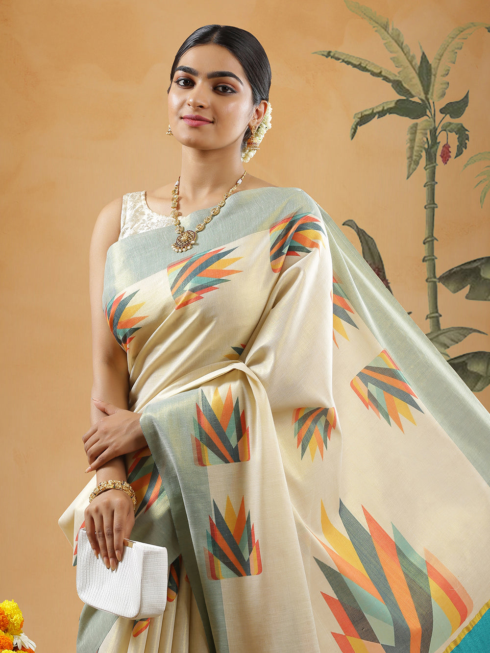 Golden Tissue Teal Blue Border Set Saree With Multi Color Abstract Print All Over Body